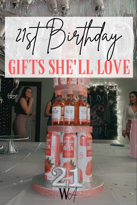 21st Birthday Gift Basket Ideas She'll Love For Her Birthday 21st Birthday Gift Basket, Alcohol Tower, Gifts For 21st Birthday, 21st Birthday Gift Baskets, Best 21st Birthday Gifts, Diy 21st Birthday Gifts, Cute Party Decorations, 21st Birthday Basket, 21st Birthday Boy