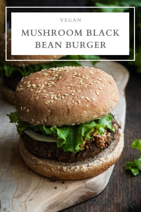 A vegan mushroom black bean burger that's packed with flavor. This veggie burger is hearty, nutritious and delicious. You have the option to bake or pan fry the patties and they hold well during cooking. Serve them with your favorite toppings! | Nourished by Caroline #veggieburgers #blackbeanburgers #veganrecipes #vegandinner #vegan #blackbeanrecipes #mushroomrecipes #mushroomburger #healthyrecipes Vegan Black Bean Burger, Vegan Burger Recipe, Veggie Patties, Black Bean Burger, Veggie Burgers Recipe, Black Bean Recipes, Mushroom Burger, Bean Burgers, Vegan Mushroom