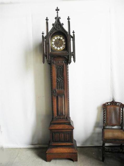 French Gothic grandfather clock in oak, 19th century Gothic Clock, Vintage Clock Tattoos, Gothic Inspiration, Victorian Clocks, Clock Drawings, Grandfather Clocks, Vintage Halloween Images, Industrial Clocks, Old Clocks