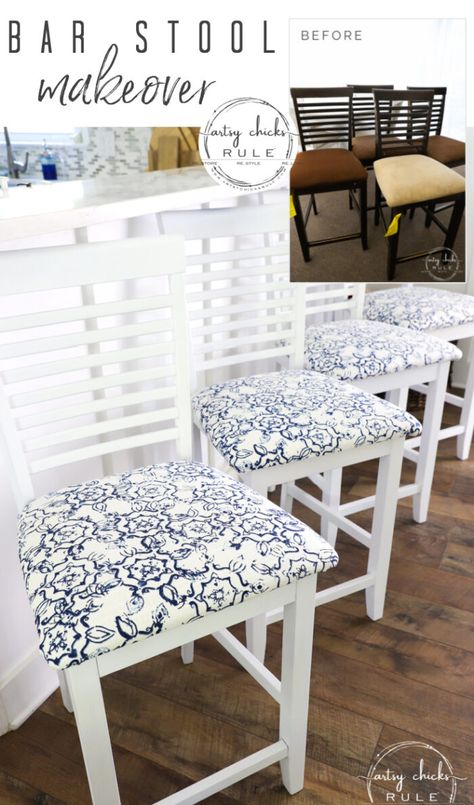 Unique Upholstery Ideas, Diy Bar Stool, Restore Wood Furniture, Bar Stool Makeover, Painted Bar Stools, Shelf Makeover, Diy Bar Stools, Stool Makeover, Restore Wood