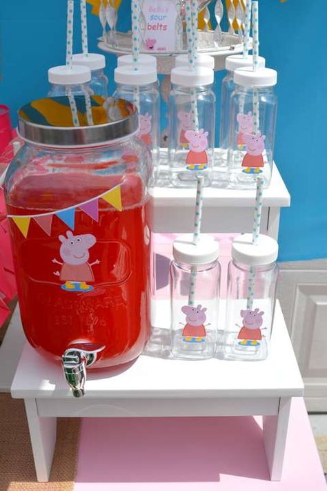 Peppa and George 4th Birthday Party | CatchMyParty.com Birthday Party Snack Food, Pig Birthday Decorations, Pig Birthday Theme, Peppa Pig Birthday Party Ideas, George Pig Party, Peppa Pig Birthday Decorations, Pig Birthday Party Ideas, Peppa Birthday, Peppa Pig Party Decorations