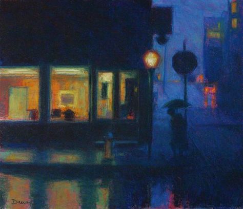 Doug Dawson Art, Contemporary Art Painting Galleries, Painting Night Ideas, Painting Blue Aesthetic, Classical Art Paintings, Paint Night Ideas, City Paintings, Blue Art Painting, Nostalgia Art