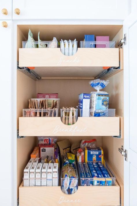 Pull Out Pantry Shelves, Konmari Organizing, Pull Out Pantry, Pantry Drawers, Organized Pantry, Desain Pantry, Pull Out Shelves, The Home Edit, Diy Kitchen Storage