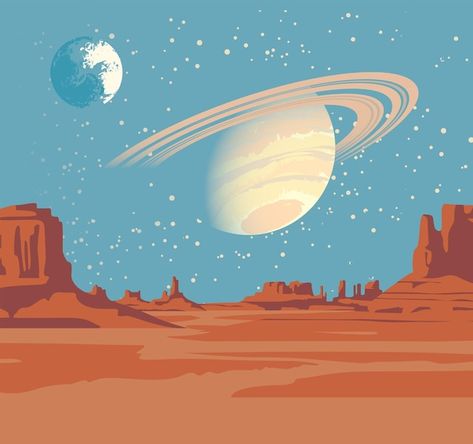 Mountain landscape and planet saturn | Premium Vector #Freepik #vector #mountain-night #fantasy #mars #mars-planet Mars Watercolor, Mars Planet Art, Mars Drawing, Mars Painting, Mars Illustration, Planets Illustration, Mars Landscape, Saturn Art, Martian Chronicles