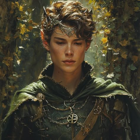 Fae Ears Aesthetic Male, Fae Character Design Male, Fae Royalty, Male Fae Aesthetic, Fae Male Character Inspiration, Male Wood Elf Druid, Male Pixie Fantasy Art, Fae Male, Green Haired Elf Male