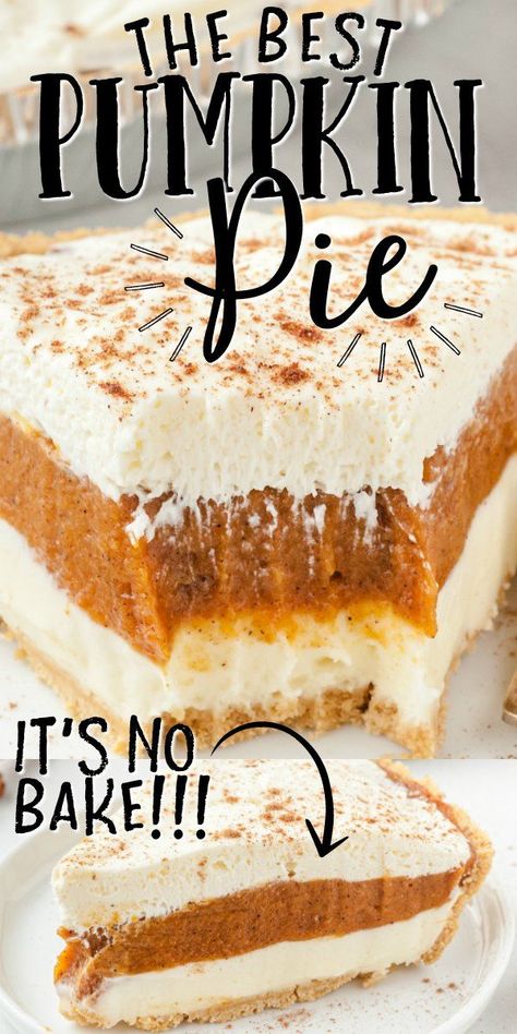 This No Bake Pumpkin Pie is a great twist on the classic pumpkin pie. It features a graham cracker crust filled with perfect layers of cream cheese, pumpkin and Cool Whip. Plus, since it's no bake, it's quick and easy to make. Pumpkin Bake, The Best Pumpkin Pie, No Bake Pumpkin, Bake Pumpkin, Dessert Oreo, Recipes Savory, Savory Pumpkin Recipes, Pumpkin Recipes Easy, No Bake Pumpkin Pie