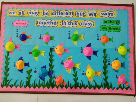 Fish Bulletin Boards, Chart For Classroom, School Bulletin Board Ideas, Under The Sea Crafts, English Thoughts, Class Board, Class Theme, One Fish Two Fish, Classroom Decor Themes