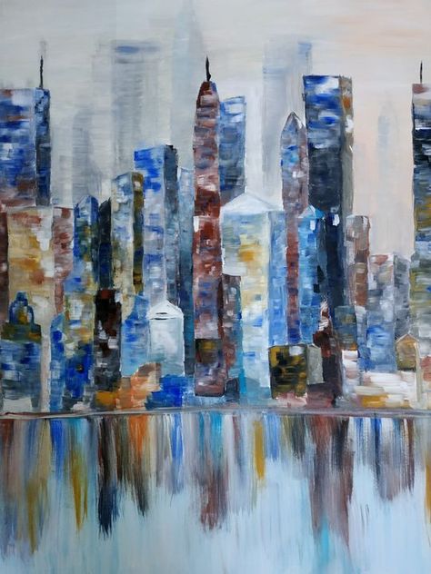 Nyc Skyline Drawing, Birthday Paintings, New York Abstract, Reflection Abstract, Watercolor Cityscape, Skyline Drawing, City Skyscrapers, Skyline New York, Birthday Painting