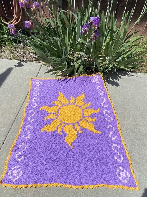 Crochet Tangled Disney, Disney Blanket Crochet, Tangled Sun Crochet Pattern, Rapunzel Sun Crochet, Eras Tour Crochet Blanket, Tangled Inspired Crochet, Tangled Rapunzel Crochet, Tangled Crochet Blanket, Tapestry Crochet Blanket Patterns