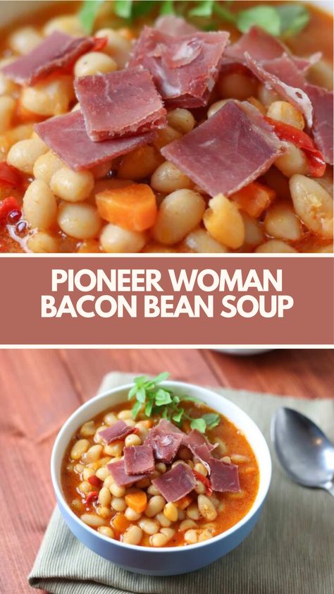 Pioneer Woman Bacon Bean Soup recipe is made with dried white beans, thick-cut bacon, onion, carrots, celery, garlic, and more. It takes 13 hours and serves 10 people. Bean With Bacon Soup Pioneer Woman, Bean And Bacon Soup Pioneer Woman, Carrots Celery Onion Recipes, Bean With Bacon Soup Recipe, Dried Bean Recipes, Pioneer Woman Soups, Bean Bacon Soup, Bean With Bacon Soup, Pioneer Kitchen