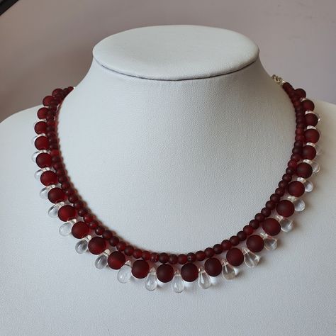 Wine red beaded 2 strand necklace,Clear teardrop bead necklace,Wine red beaded earrings,Birthday gift for her,Red dangle drop earrings Red Beaded Earrings, Teardrop Beads, Birthday Gift For Her, Gift For Girlfriend, Red Bead, Glass Bead Necklace, Handmade Necklace, Strand Necklace, Necklace Earring Set