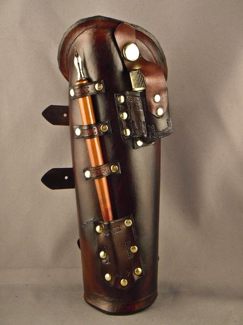 Steampunk leather bracer - Scribe Wood Pen Holder, Steampunk Items, Steampunk Leather, Leather Bracers, Steampunk Crafts, Steampunk Cosplay, Leather Armor, Steampunk Accessories, Steampunk Costume