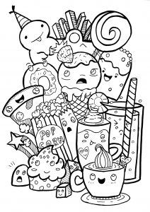 Adult Coloring Pages · Download and Print for Free ! - Just Color Doodles Kawaii, Doodle Art Letters, A Coloring Page, Arte Doodle, Food Doodles, Food Coloring Pages, Juicy Watermelon, Kids Doodles, Kawaii Cooking