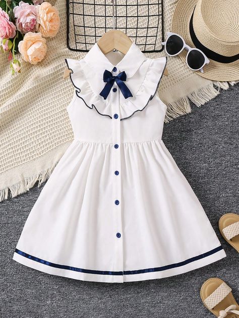 SHEIN Young Girl Back To School Season Commuting & Casual Academia Style Light Blue & White Lotus Edge Sleeveless Dress | SHEIN USA Dress For School, New Baby Dress, Casual Academia, Shirred Waist Dress, Child Dress, Pretty Little Dress, Baby Clothes Patterns Sewing, Academia Style, Kids Dress Patterns