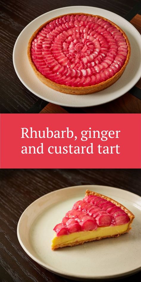 This beautiful rhubarb and custard tart recipe is the only visually stunning (and delicious) dessert you need this spring. Rhubarb And Custard Tart, Ginger Custard, Custard Tart Recipe, Toasted Sugar, Custard Tarts Recipe, Rhubarb Tart, Rhubarb Desserts, Great British Chefs, Rhubarb And Custard