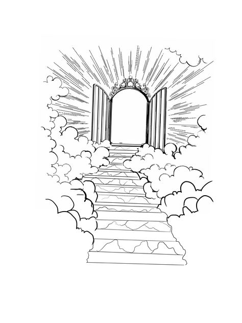 Heaven Drawing Sketch, Staircase To Heaven Tattoo, Heavens Gates Tattoo Design, Gates Of Heaven Tattoo, Stairway To Heaven Tattoo, Angel Outline, Eagle Wing Tattoos, Heaven Tattoo, Cloud Tattoo Design