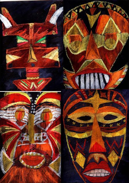 Creatief talent @ SASK!: Afrikaanse maskers in warme kleuren - Panda krijt ... African Art Projects, 8th Grade Art, Tiki Totem, 4th Grade Art, Afrikaanse Kunst, Contemporary African Art, Art And Music, Places To Explore, Music A