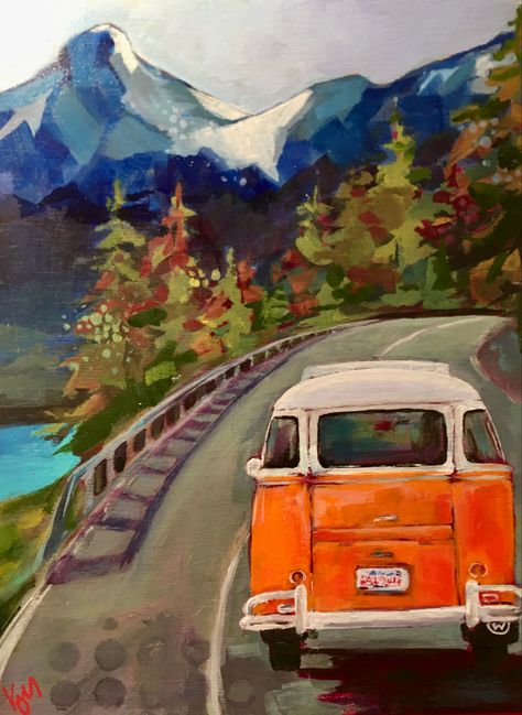 Road Trip Painting, Retro Road Trip, Van Drawing, Vans Painted, Road Painting, Fall Road Trip, Car Oil, Art Tutorials Watercolor, Summer Poses