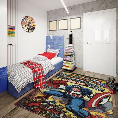 Marvel Boys Bedroom, Book Room Decor, Super Hero Room, Boys Bedroom Rugs, Comic Book Room, Man Chair, Captain America Comic, Carpet Texture, Retro Rugs