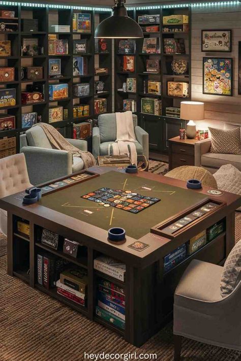 Open Game Room Ideas Layout, Games Room For Adults, College Hangout Room Ideas, Game Room At Home, Game Room Bar Ideas Basement Designs, Board Game Area In Living Room, Huge Gaming Room, Game Tables In Basement, Board Game Library Room