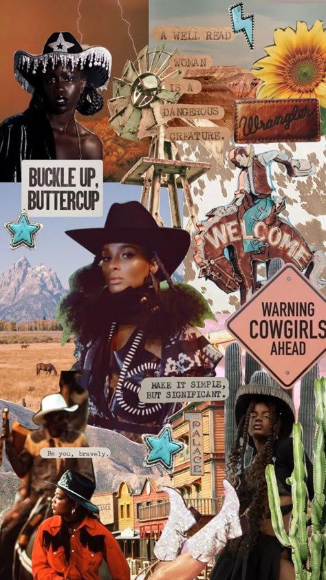 Black Western Aesthetic, Cowgirl Mood Board, Vintage Cowgirl Aesthetic Wallpaper, Black Cowgirl Art, Western Collage, Cowgirl Aesthetic Black Women, Cowboy Collage Wallpaper, Cowboy Core, Country Aesthetic Wallpaper Collage