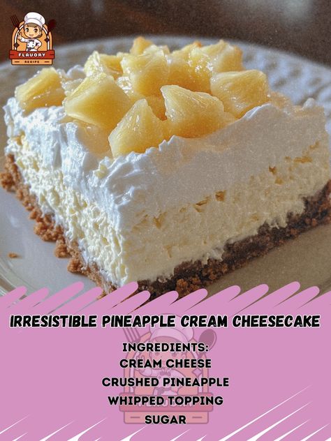 🍍 Irresistible Pineapple Cream Cheesecake: A tropical delight you can't resist! 🍰🌺 #PineappleCheesecake #NoBakeDessert Irresistible Pineapple Cream Cheesecake Ingredients: Cream cheese (2 packages, softened) Crushed pineapple (1 can, drained) Whipped topping (1 tub) Sugar (1/2 cup) Graham cracker crust (1 pre-made) Instructions: Beat cream cheese and sugar until smooth. Fold in crushed pineapple and whipped topping. Spread mixture into graham cracker crust. Chill for 2 hours before servin... Pineapple Cheesecake No Bake, Pineapple Cheesecake, Cheesecake Ingredients, Pineapple Dessert, Pineapple Dessert Recipes, Pineapple Whip, Pineapple Desserts, Cream Cheesecake, Cheesecake Pie