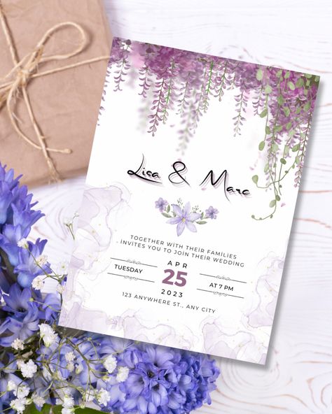 "Calling all lavender lovers! Our new lavender wedding invitation template is perfect for your dream wedding. This elegant and simple template features a watercolor design with delicate lavender flowers. It's available in both digital and printable formats, so you can customize it to fit your needs. Order yours today!" 🪻 Purple Wedding Card, Lavender Wedding Invitation, Sunflower Wedding Invitation Template, Wedding Card Template, Text Picture, Lavender Wedding Invitations, Digital Wedding Invitations Templates, Wedding Invitation Templates Rustic, Diy Wedding Invitations Templates