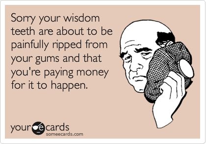 Sorry your wisdom teeth are about to be painfully ripped from your gums and that you're paying money for it to happen.  @Dana Curtis Trabucco for brad:) Wisdom Teeth Quotes, Wisdom Teeth Swelling, Wisdom Teeth Pain, Teeth Surgery, Teeth Humor, Sensitive Teeth Remedy, Wisdom Tooth Extraction, Wisdom Tooth, Wisdom Teeth Removal