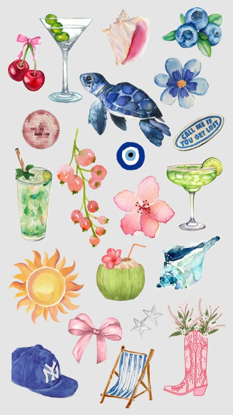 #meinerstershuffle #myfirstshuffle Summer Prints Wallpaper, Beachy Wallpapers, Stickers For Journaling, Summer Drawings, Gouache Color, Stickers To Make, Summer Book, Cute Summer Wallpapers, Summer Wallpapers