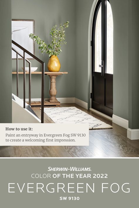 For a welcoming first impression, paint your entryway in the Sherwin-Williams 2022 Color of the Year, Evergreen Fog SW 9130. Tap this pin for DIY painting project inspiration that invites you to reset and start fresh. #SWColoroftheYear #sherwinwilliams #diy #diypainting #entryway #paint #painting #interiordesign #decor #foyer Evergreen Fog, Trending Paint Colors, Sherwin Williams Colors, Green Paint Colors, Green Walls, Paint Companies, Paint Colors For Home, Green Paint, Room Paint