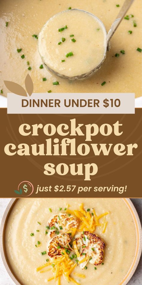 Enjoy a cozy, creamy bowl of Crockpot Cauliflower Soup that’s perfect for cool nights. This meal under $10 combines simple, budget-friendly ingredients to create a comforting, flavorful dish you can prepare in advance and let simmer all day. It’s rich, smooth, and loaded with nutrients, making it the perfect choice for meal prep or busy days when you need something nourishing without the hassle. Top with fresh herbs or croutons for an extra burst of flavor! Slow Cooker Broccoli Cauliflower Cheese Soup, Crockpot Cauliflower Recipes, Cauliflower Soup Crockpot, Crockpot Cauliflower Soup, Slow Cooker Cauliflower, Slow Cooker Cauliflower Soup, Crockpot Cauliflower, Cauliflower Cheese Soups, Slow Cooker Broccoli