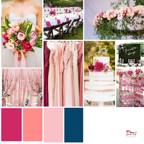 Shades of pink - Magenta, peach, blush and a touch of navy accents for a wedding palette that’s feminine and fun. Candy Pink Wedding Color Schemes, Dark Blue And Peach Wedding, Blush Pink And Navy Blue Wedding Color Schemes Colour Palettes, Magenta And Navy Blue Wedding, Shades Of Pink Wedding Colour Palettes, Navy Blue Wedding Color Schemes, Magenta Wedding Colors, Shades Of Pink Wedding, Pink Wedding Color Scheme