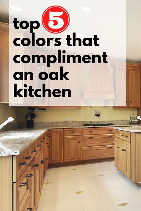 If you have Oak or Honey toned wood cabinets and want to refresh your kitchen, check out these top 5 neutrals paint colors such as soft blue-grays, greens and neutral beiges for walls, backsplash or kitchen decor home accents. This easy and cheap kitchen update ideas is quick and does not require to strip and paint kitchen cabinets. Countertops For Oak Kitchen Cabinets, Oak Cabinets Green Walls, Kitchen Backsplash Ideas Light Wood Cabinets, Green Kitchen Walls Oak Cabinets, Kitchen Wall Colors With Oak Cabinets, Update Oak Kitchen, Oak Kitchen Cabinets Wall Color, Kitchen Cabinet Paint Colors, Light Oak Cabinets