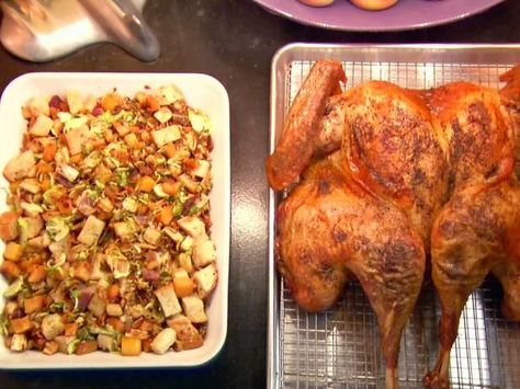 Butterflied, Dry Brined Roasted Turkey with Roasted Root Vegetable Panzanella Turkey Brine Alton Brown, Alton Brown Turkey, Butterflied Turkey, Dry Brine Turkey, Panzanella Recipe, Dry Brine, Roast Turkey Recipes, Alton Brown, Root Vegetable