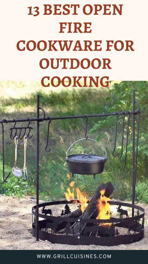 "Gear up for your next outdoor adventure with the 13 best camping cookware sets for open fire cooking! From durable pots and pans to compact utensil kits, find everything you need to create delicious meals over the flames. Elevate your camping cuisine and make memories around the campfire! 🔥⛺️ #CampfireCooking" Open Fire Cooking Outdoors, Live Fire Cooking, Outdoor Fire Pit Cooking, Campfire Cooking Equipment, Open Flame Cooking, Pit Cooking, Camping Cooking Gear, Spit Rotisserie, Campfire Grill