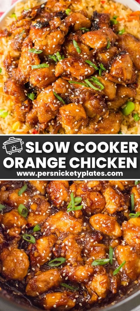 This slow cooker orange chicken is made with tender bites of chicken drenched in a sweet and savory glaze. It's so easy to make with just a quick browning of the meat then everything gets dumped in the crockpot. Make this copycat recipe and serve it with rice and a side of steamed broccoli the next time you're craving your favorite takeout! Slow Cooker Orange Chicken, Cottage Cooking, Party Meals, Beef Crockpot, Orange Chicken Crock Pot, Food Budget, Orange Chicken Recipe, Orange Glaze, Orange Marmalade