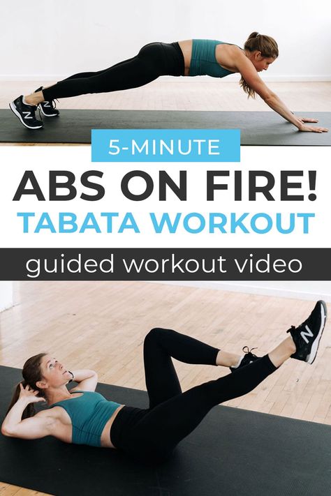 An intense, 5-Minute Ab Workout to tone the upper abs, lower abs, obliques, glutes and pelvic floor too! No equipment need for these 5 killer ab exercises done Tabata-style. Follow along with this short, yet intense ab workout video that specifically targets the lower abs and oblique muscles. This is an intense at home abs workout, but I'll provide modifications for all fitness levels. Five Minute Ab Workout, 5 Minutes Workout, 5 Minute Abs, 5 Minute Abs Workout, Killer Ab Workouts, Intense Ab Workout, Beginner Ab Workout, Upper Abs, Abs Workouts