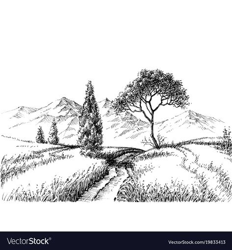 Hillside Landscaping Drawing, How To Draw Field, Field Of Flowers Drawing Pencil, Nature Drawing Wallpaper, Field Drawing Pencil, Flower Field Drawing Pencil, Ink Landscape Drawing, Flower Field Drawing, Trail Drawing