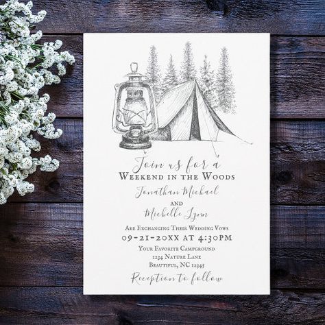 Tent Lantern And Woodland Sketch Camping Wedding Invitation #zazzle #weddinginvitations #birthdayinvitations #babyshowerinvitations #zazzleinvitations #monogram #businesscards #graduation #homedecor Camping Sketch, Camping Wedding Theme, Camping Wedding Invitations, Campsite Wedding, Lantern Camping, Campground Wedding, Camping Wedding, Summer Camp Wedding, Forest Theme Wedding