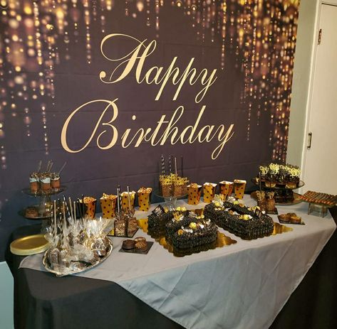 Dessert Table 30th Birthday, Dessert Table Ideas For Men, 70 Birthday Table Decorations, 70th Birthday Dessert Table, 30th Birthday Dessert Table For Men, 40th Dessert Table Ideas, 80th Birthday Dessert Table, Black And Gold Desert Bar, Dessert Table Black And Gold