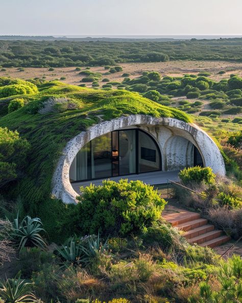 Prompt 👉a shell shaped biophilic cabin with camouflaged roof, built seamlessly into the dune landscape of portugal, in the style of naturalistic compositions, sustainable architecture, rectangular design, covered in vegetation, blends in with the surrounding nature, green roof, minimalist sets, fujifilm pro 👉 if Like, please Follow and Share AI Graphics Studio 👇Contact on WhatsAPP: http://tiny.cc/aigraphicsstudio #aigraphicsstudio #AI #DigitalMarketing #digitalartist #digitalart #digital #c... Camouflage Architecture, Ecofriendly Houses, Green Roof Architecture, Hinterland House, Eco Brutalism, Earthship Design, Underground Houses, Sustainable Tiny House, Bio Architecture