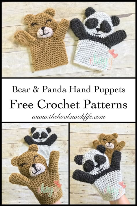 THNLife - Bear and Panda Hand Puppets Crochet Pattern | Erin Greene Crochet Hand Puppets Free Pattern, Crochet Puppets, Read Across America, Puppet Patterns, Crochet Panda, Hand Puppet, Crochet Bear, Hand Puppets, Crochet Toys Patterns