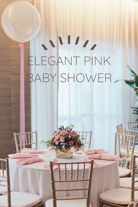 Pink And White Baby Shower Ideas, Pink And Gold Baby Shower Ideas, Pink Baby Shower Table, Baby Shower Color Themes, Pink And White Baby Shower, Pretty In Pink Baby Shower, Baby Shower Table Decor, Girl Shower Decorations