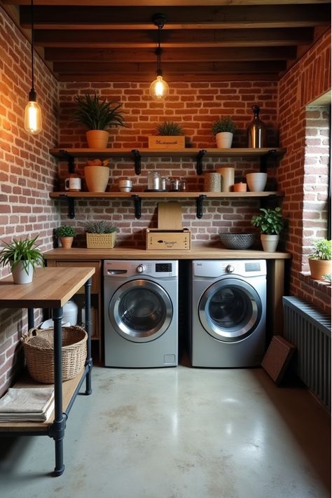 Industrial laundry room with brick walls and metal pipe shelving Industrial Utility Room, Laundry Room In Basement Ideas, Modern Industrial Laundry Room, Brick Wall Laundry Room, Industrial Laundry Room Ideas, Garage Laundry Room Ideas, Laundry Room Color Ideas, Unfinished Basement Laundry Room, Industrial Laundry Room