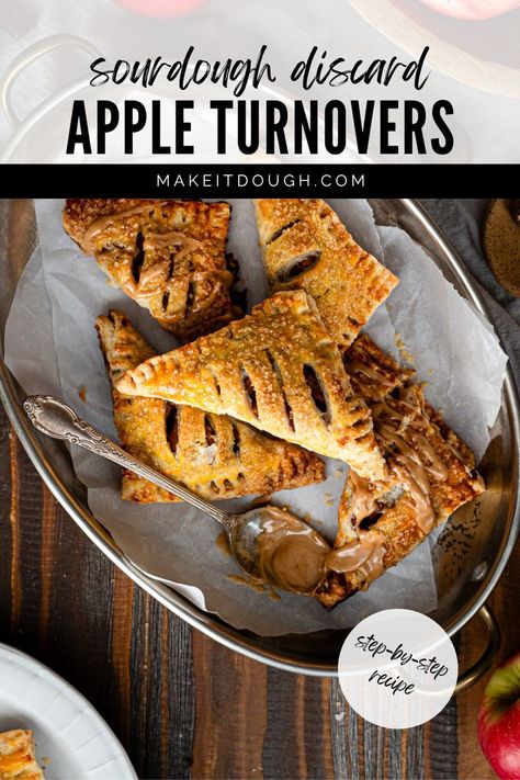 Learn how to make delicious sourdough apple turnovers from scratch using sourdough discard and a flaky, buttery homemade puff pastry. These turnovers are perfectly crisp with a sweet apple filling that will impress your family or guests. This easy recipe is great for using up leftover sourdough discard and makes a perfect fall dessert or snack. Visit makeitdough.com for more sourdough recipes and ideas. Apple Turnovers From Scratch, Sourdough Apple, Homemade Puff Pastry, Sourdough Discard Recipes, Leftover Pie, Apple Hand Pies, Apple Turnovers, Discard Recipes, Sourdough Discard