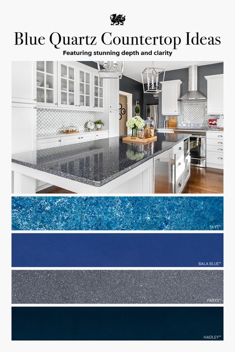 Planning a space with blue quartz countertops? Cambria’s blue quartz countertop designs feature a range of hues and movement to suit any style, including aqua blue Skye, cobalt Bala Blue, blue-gray Parys, and navy Hadley. #coastalkitchen #kitcheninspiration #bluekitchen #blueandwhitekitchen #MyCambria #kitchencountertops Kitchens With Blue Countertops, Blue Countertops Kitchen Ideas, Navy Blue Countertops Kitchen, Navy Blue Countertops, Navy Quartz Countertops, Quartz Countertops Blue Cabinets, Dark Blue Countertops, Kitchen Blue Countertops, Navy Countertops