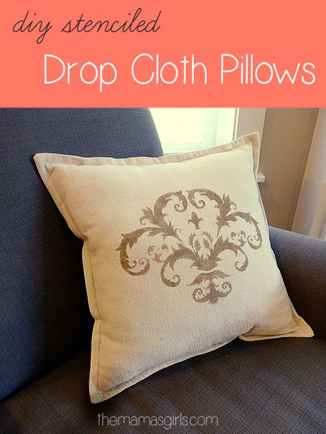 Stenciled Drop Cloth Throw Pillows - LOVE this! Drop Cloth Pillows, Boys Bedroom Curtains, Drop Cloth Projects, Headboard Curtains, Crochet Hot Pads, Kids Shower Curtain, Stencil Fabric, Easy Magic, Ikea Curtains