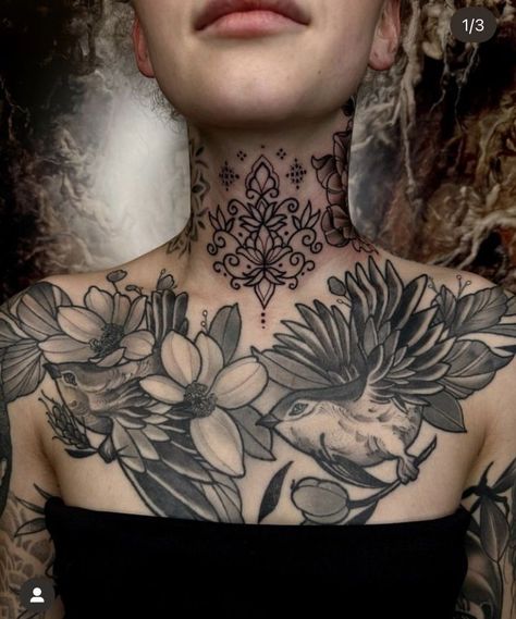 Full Throat Tattoos Women, Magical Tattoos, Chest Neck Tattoo, Front Neck Tattoo, Full Neck Tattoos, Nape Tattoo, Face Tattoos For Women, Floral Tattoo Shoulder, Throat Tattoo