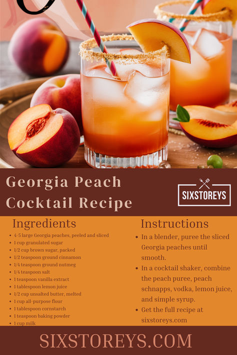 Georgia Peach Cocktail Recipe Georgia Peach Drink, Peach Cocktail Recipe, Peach Drink, Creative Drinks, Peach Cocktail, Peach Drinks, Peach Puree, Peach Schnapps, Peach Slices