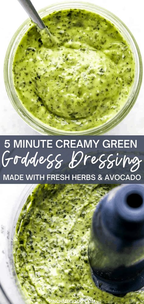 This simple bright and easy Green Goddess Dressing Recipe is so creamy and herby you will want to put it on everything. Packed with fresh herbs like basil and parsley, combined with greens like watercress and creamy avocado. Blended into an incredible thick and flavor packed dressing or sauce you can eat on sandwiches, or as a healthy dip paired with crisp veggies. Ready in 5 minutes or less! This is s dressing you must try! Herb Dressing Recipe, Green Goddess Dressing Recipe, Healthy Dressings, Goddess Dressing Recipe, Parsley Recipes, Healthy Dip, Healthy Dressing, Pesto Dressing, Goddess Dressing